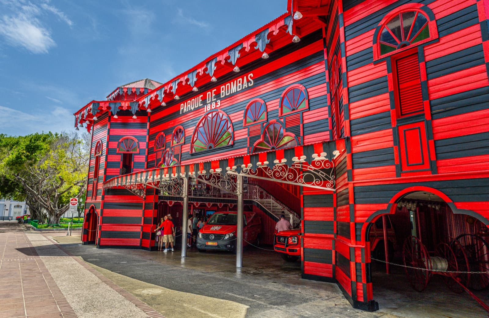 The red and black striped Parque de Bombas historic firehouse on Plaza Las Delicias in Ponce, Puerto Rico